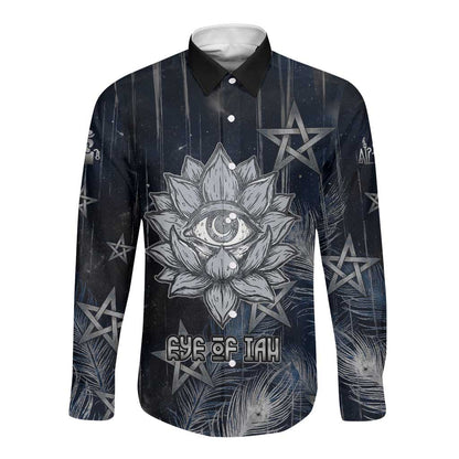 Khonsu Long Sleeve Button Shirt Ancient Egyptian Dark Feather Pattern, Moonlit Raven Symbol, and Eye Lotus - African Pride