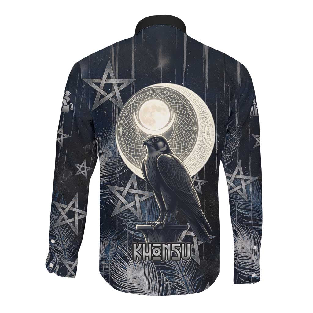 Khonsu Long Sleeve Button Shirt Ancient Egyptian Dark Feather Pattern, Moonlit Raven Symbol, and Eye Lotus - African Pride