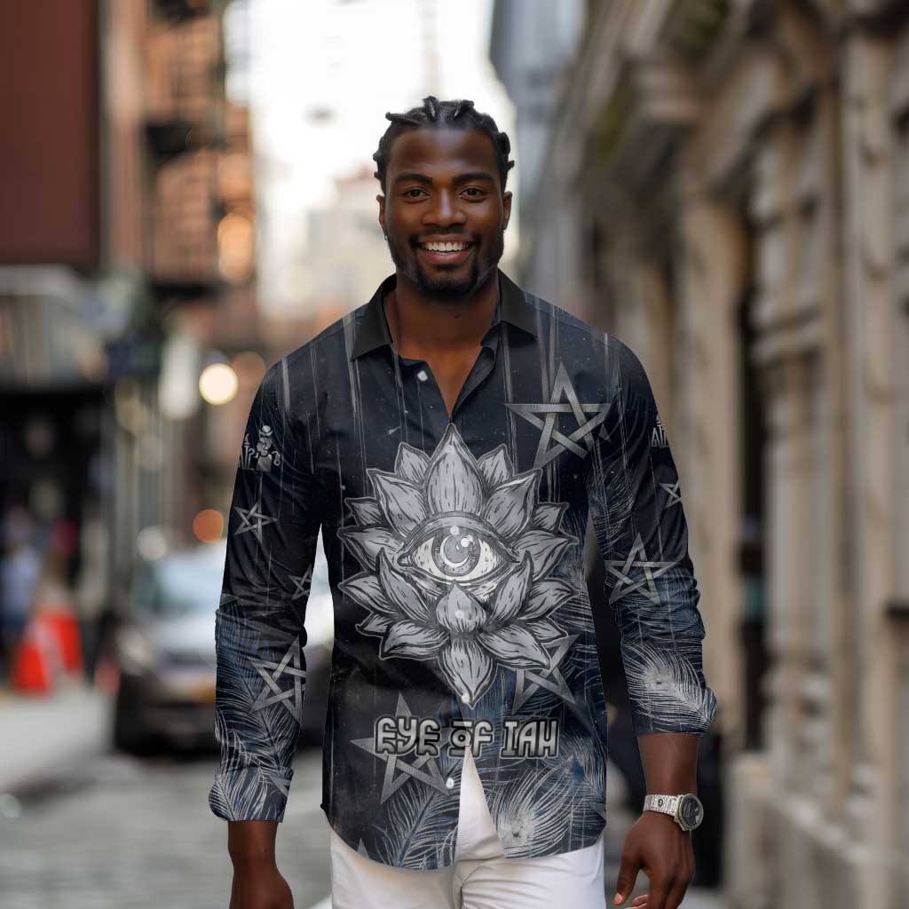 Khonsu Long Sleeve Button Shirt Ancient Egyptian Dark Feather Pattern, Moonlit Raven Symbol, and Eye Lotus - African Pride