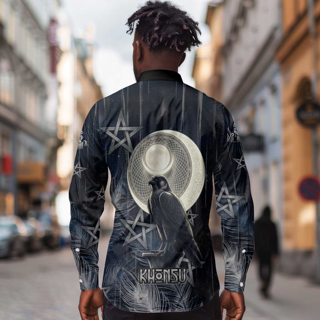 Khonsu Long Sleeve Button Shirt Ancient Egyptian Dark Feather Pattern, Moonlit Raven Symbol, and Eye Lotus - African Pride