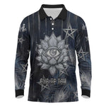Khonsu Long Sleeve Polo Shirt Ancient Egyptian Dark Feather Pattern, Moonlit Raven Symbol, and Eye Lotus - African Pride