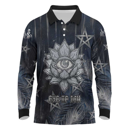 Khonsu Long Sleeve Polo Shirt Ancient Egyptian Dark Feather Pattern, Moonlit Raven Symbol, and Eye Lotus - African Pride
