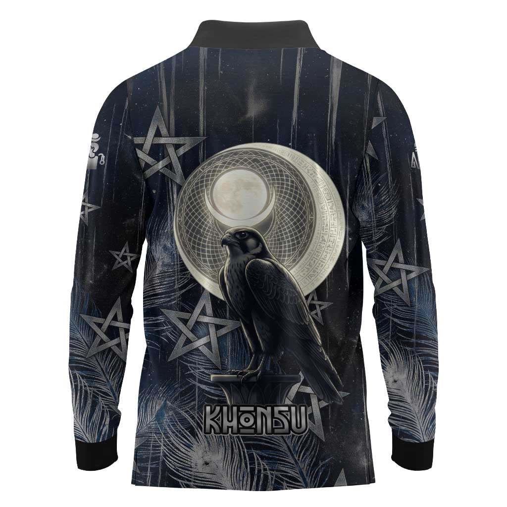 Khonsu Long Sleeve Polo Shirt Ancient Egyptian Dark Feather Pattern, Moonlit Raven Symbol, and Eye Lotus - African Pride