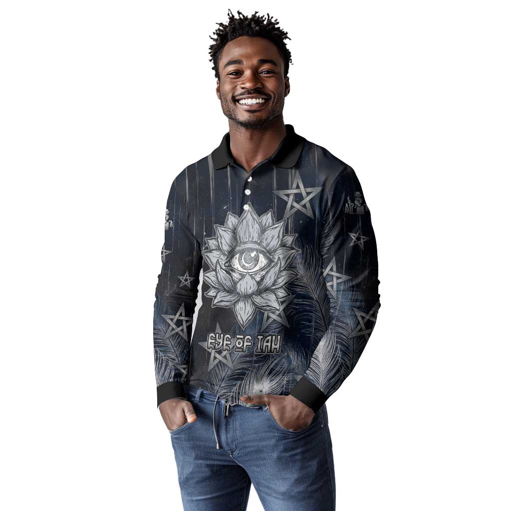 Khonsu Long Sleeve Polo Shirt Ancient Egyptian Dark Feather Pattern, Moonlit Raven Symbol, and Eye Lotus - African Pride