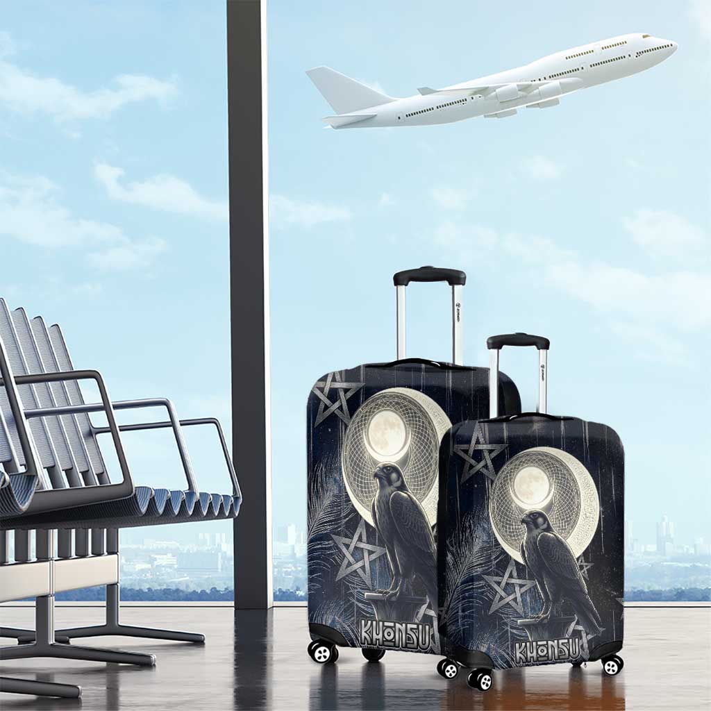 Khonsu Luggage Cover Ancient Egyptian Dark Feather Pattern, Moonlit Raven Symbol, and Eye Lotus - African Pride