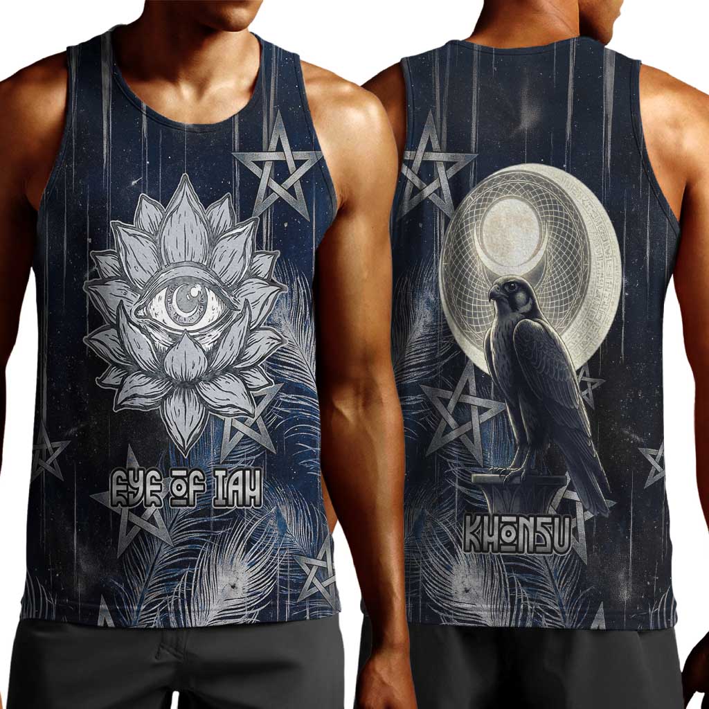 Khonsu Men Tank Top Ancient Egyptian Dark Feather Pattern, Moonlit Raven Symbol, and Eye Lotus - African Pride