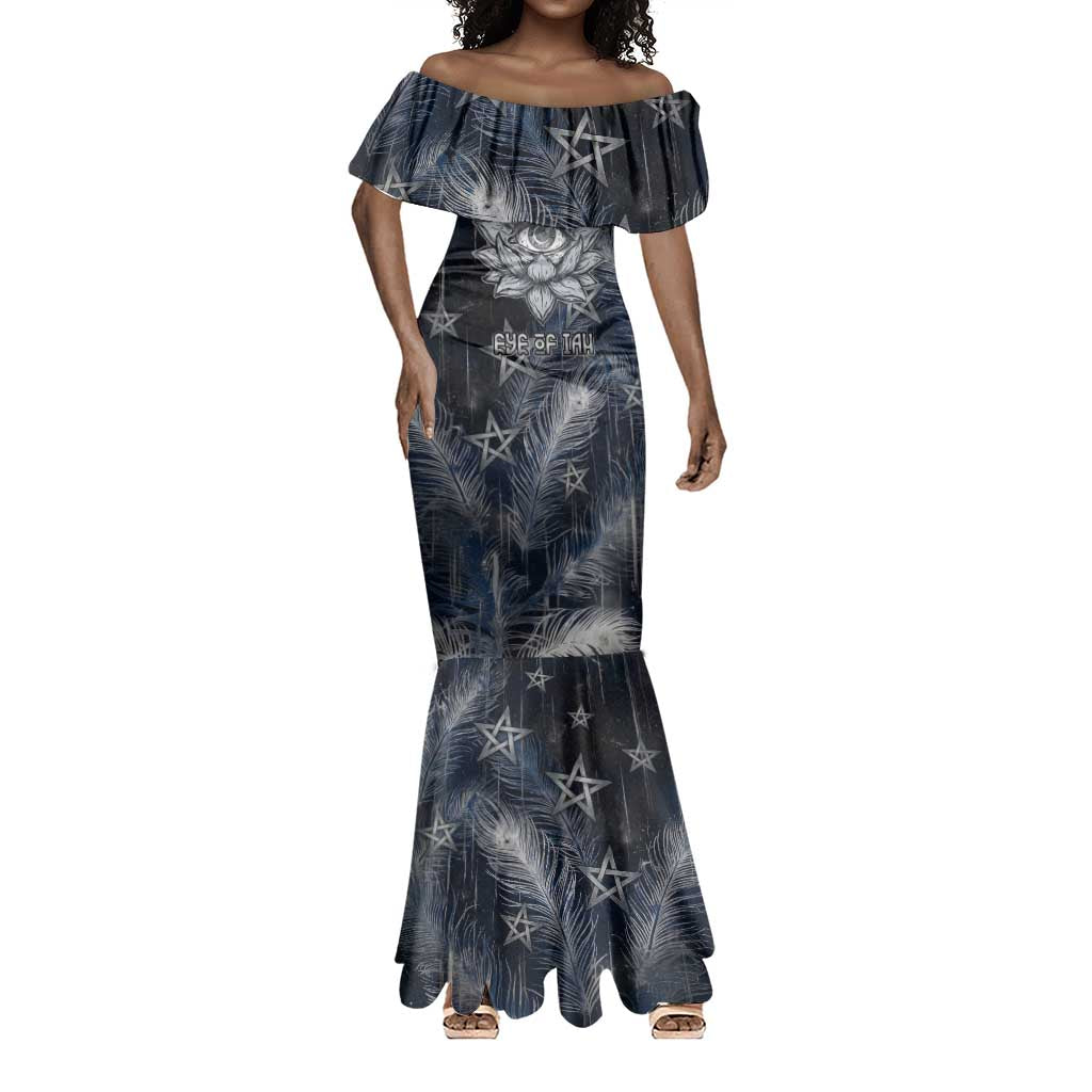 Khonsu Mermaid Dress Ancient Egyptian Dark Feather Pattern, Moonlit Raven Symbol, and Eye Lotus - African Pride