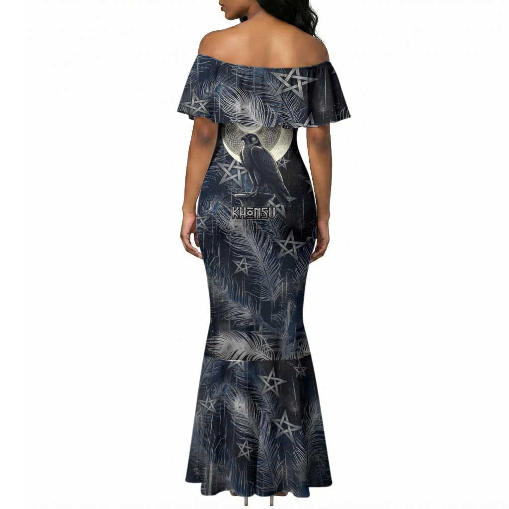 Khonsu Mermaid Dress Ancient Egyptian Dark Feather Pattern, Moonlit Raven Symbol, and Eye Lotus - African Pride