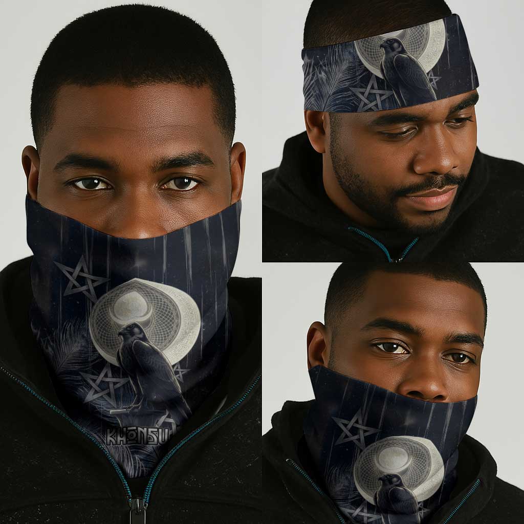 Khonsu Neck Gaiter Ancient Egyptian Dark Feather Pattern, Moonlit Raven Symbol, and Eye Lotus - African Pride