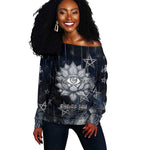 Khonsu Off Shoulder Sweater Ancient Egyptian Dark Feather Pattern, Moonlit Raven Symbol, and Eye Lotus - African Pride