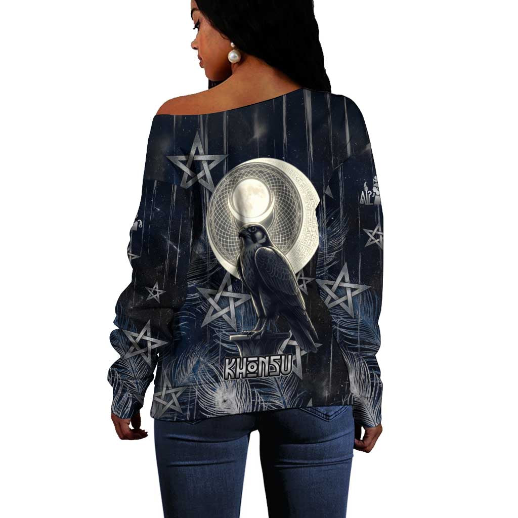 Khonsu Off Shoulder Sweater Ancient Egyptian Dark Feather Pattern, Moonlit Raven Symbol, and Eye Lotus - African Pride