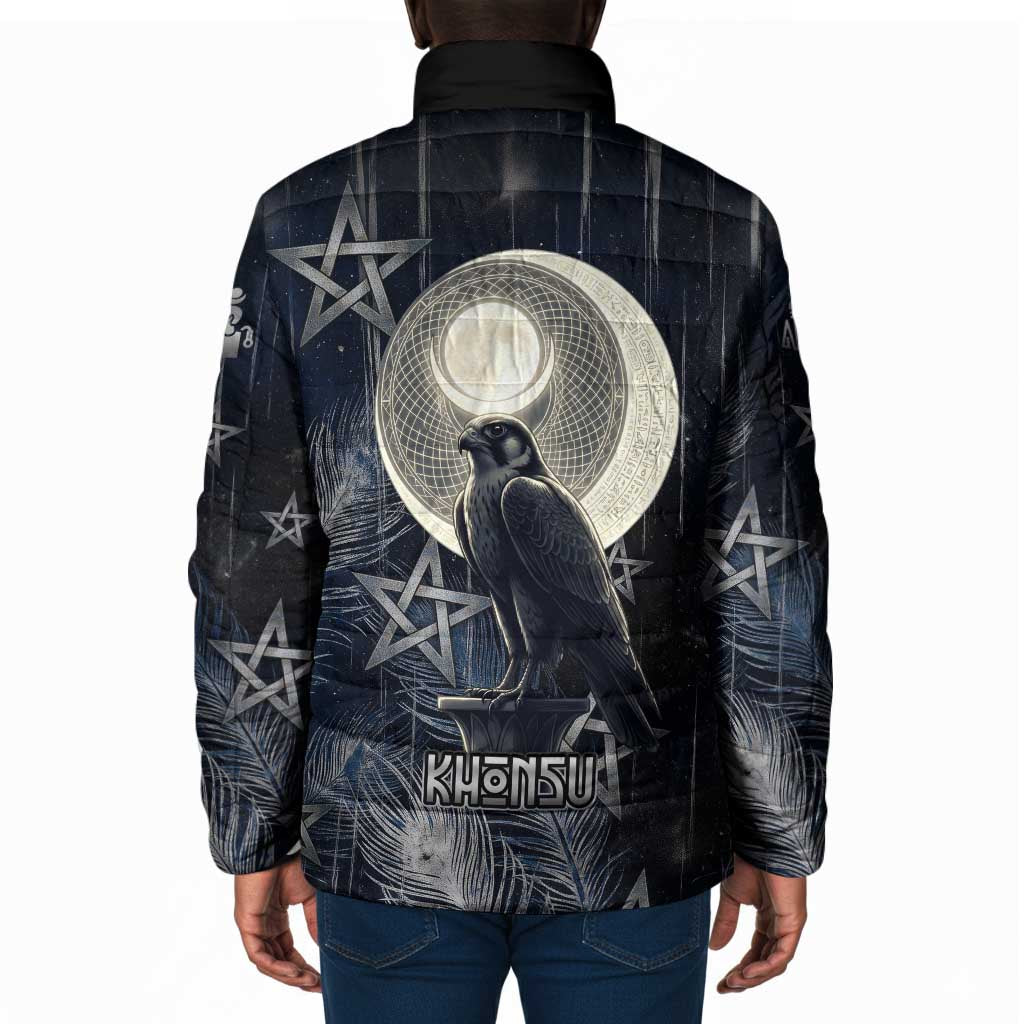 Khonsu Padded Jacket Ancient Egyptian Dark Feather Pattern, Moonlit Raven Symbol, and Eye Lotus - African Pride