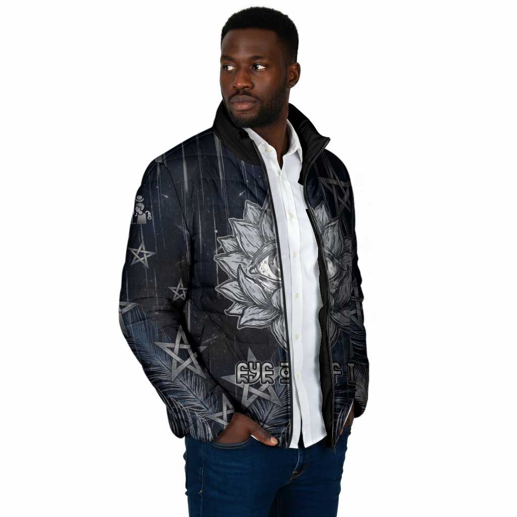 Khonsu Padded Jacket Ancient Egyptian Dark Feather Pattern, Moonlit Raven Symbol, and Eye Lotus - African Pride