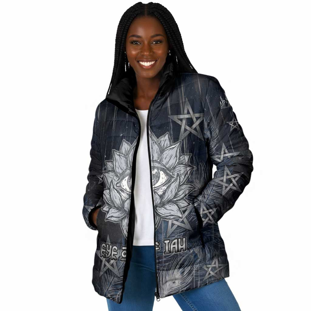 Khonsu Padded Jacket Ancient Egyptian Dark Feather Pattern, Moonlit Raven Symbol, and Eye Lotus - African Pride