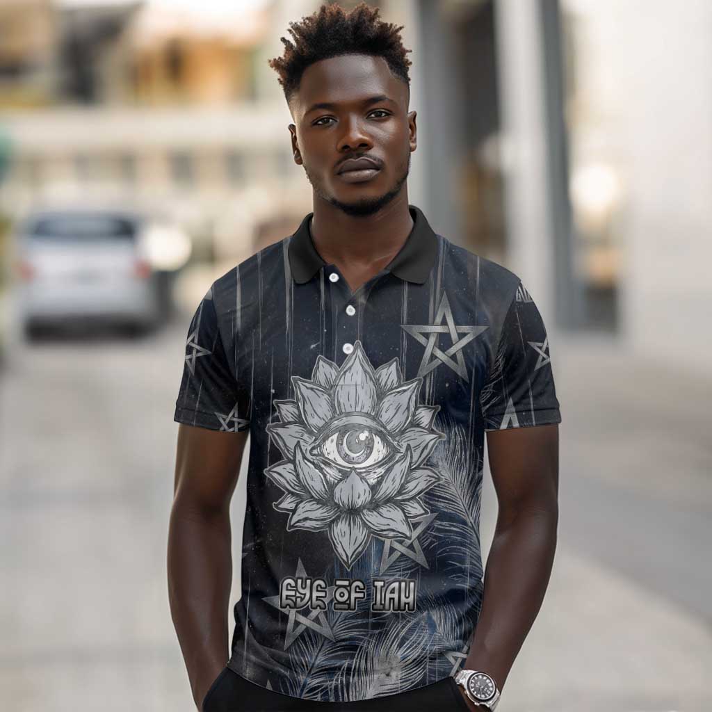 Khonsu Polo Shirt Ancient Egyptian Dark Feather Pattern, Moonlit Raven Symbol, and Eye Lotus - African Pride