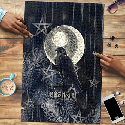 Khonsu Puzzle Ancient Egyptian Dark Feather Pattern, Moonlit Raven Symbol, and Eye Lotus - African Pride