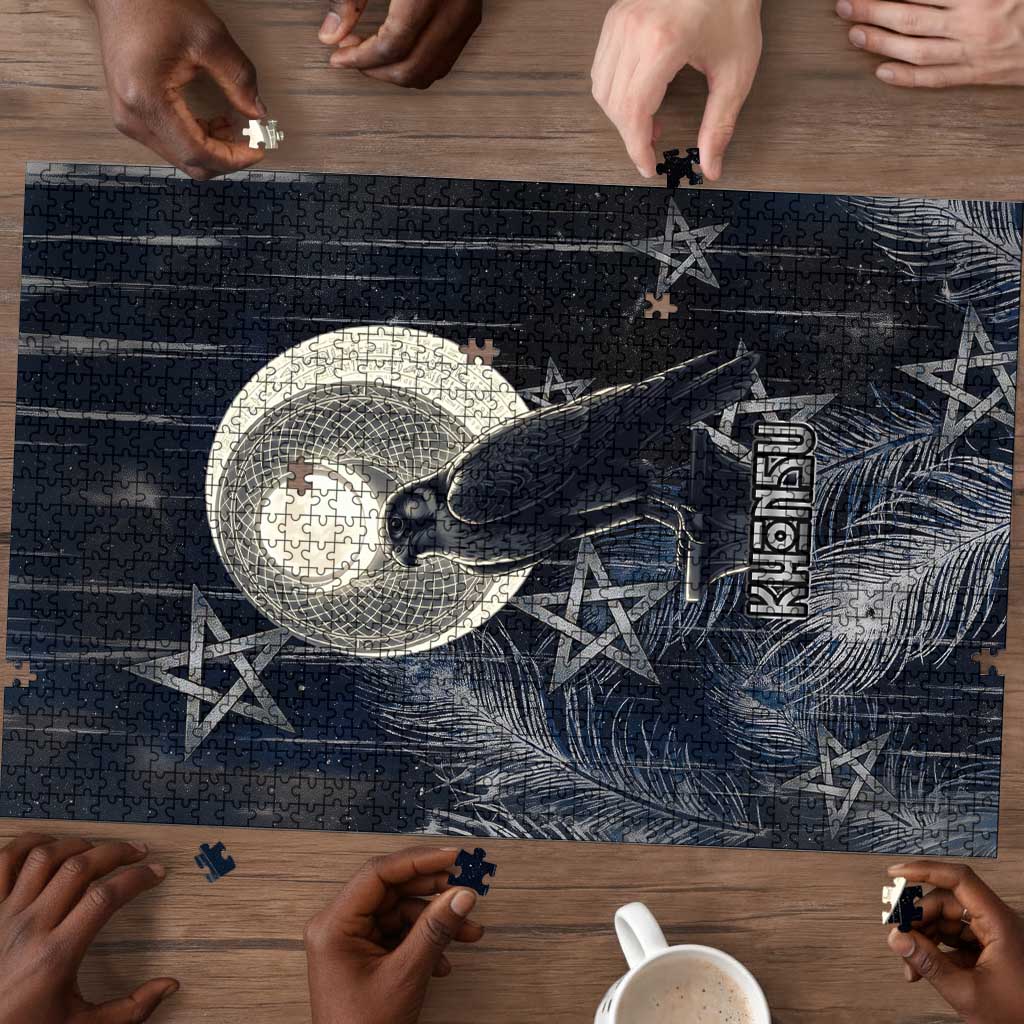 Khonsu Puzzle Ancient Egyptian Dark Feather Pattern, Moonlit Raven Symbol, and Eye Lotus - African Pride