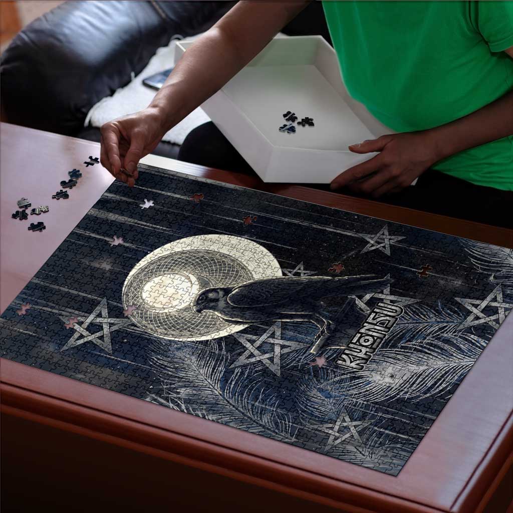 Khonsu Puzzle Ancient Egyptian Dark Feather Pattern, Moonlit Raven Symbol, and Eye Lotus - African Pride