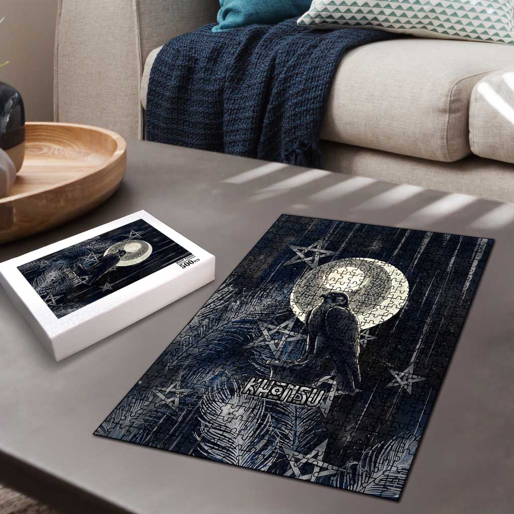 Khonsu Puzzle Ancient Egyptian Dark Feather Pattern, Moonlit Raven Symbol, and Eye Lotus - African Pride