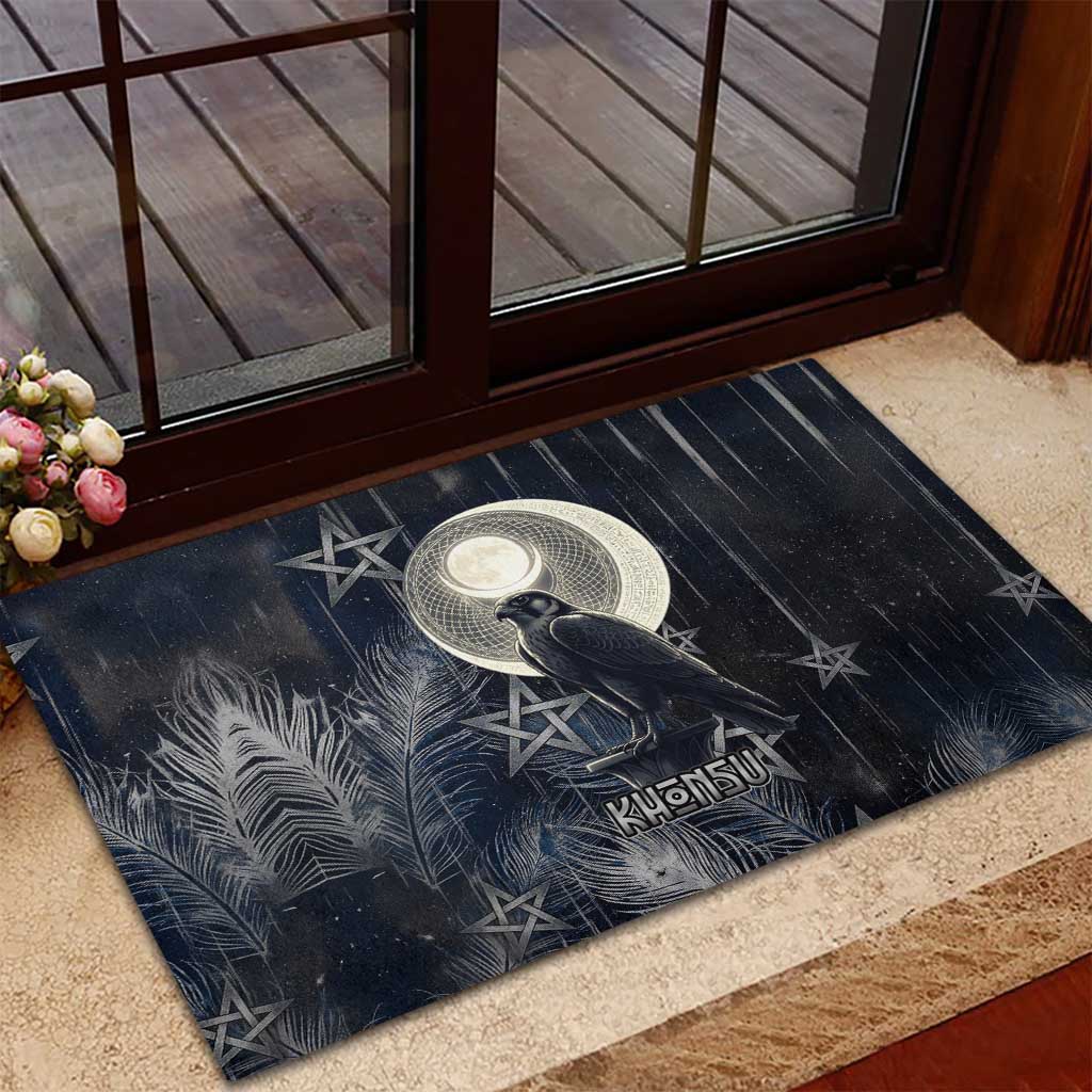 Khonsu Rubber Doormat Ancient Egyptian Dark Feather Pattern, Moonlit Raven Symbol, and Eye Lotus - African Pride