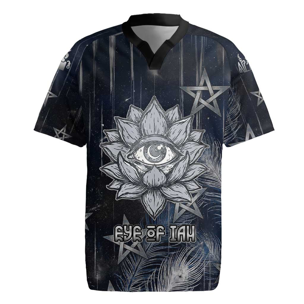 Khonsu Rugby Jersey Ancient Egyptian Dark Feather Pattern, Moonlit Raven Symbol, and Eye Lotus - African Pride