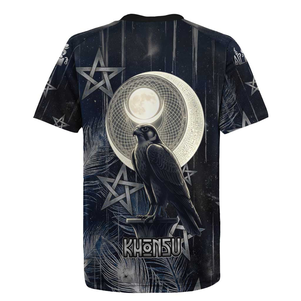 Khonsu Rugby Jersey Ancient Egyptian Dark Feather Pattern, Moonlit Raven Symbol, and Eye Lotus - African Pride