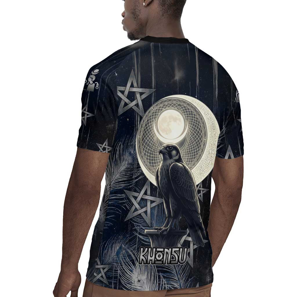 Khonsu Rugby Jersey Ancient Egyptian Dark Feather Pattern, Moonlit Raven Symbol, and Eye Lotus - African Pride