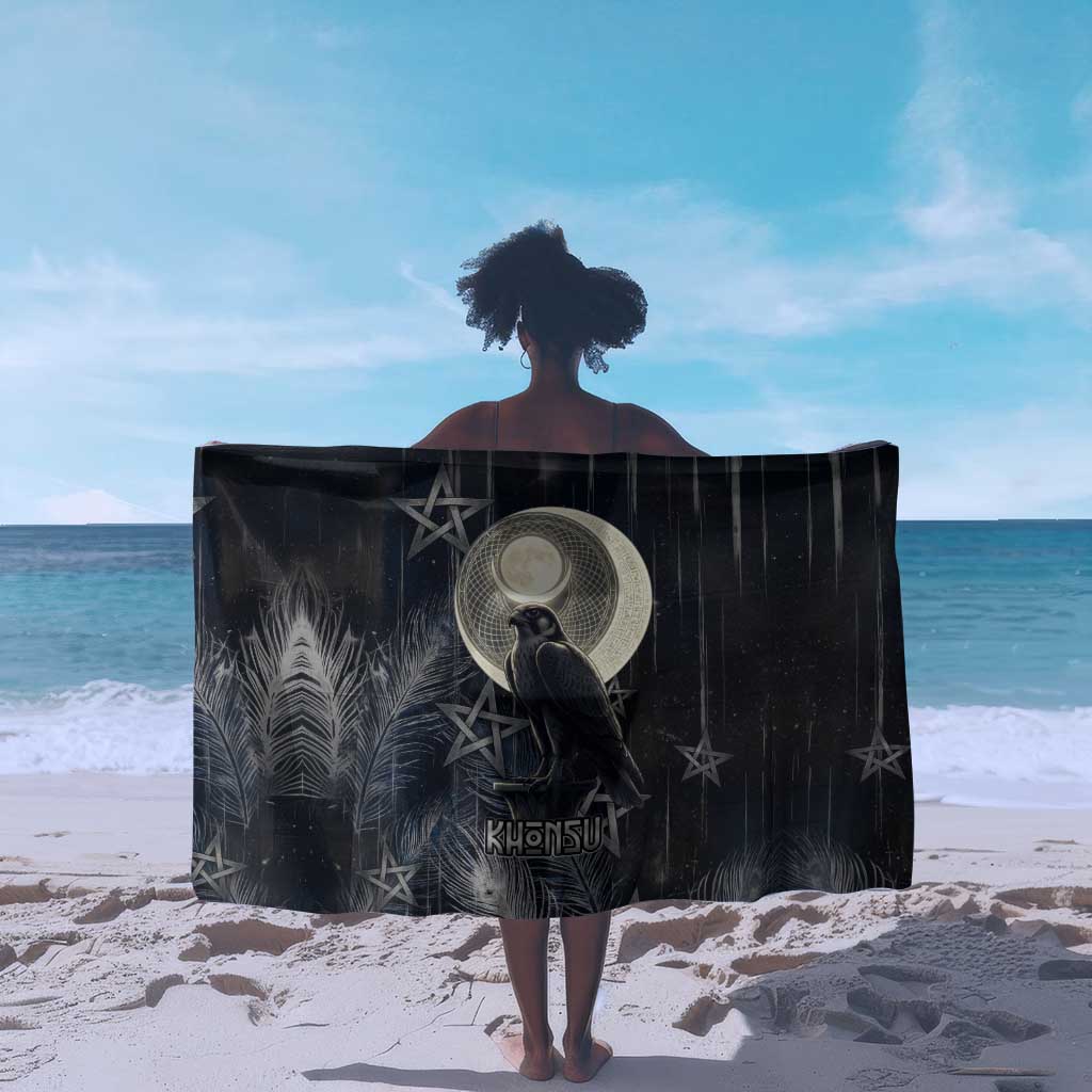 Khonsu Sarong Ancient Egyptian Dark Feather Pattern, Moonlit Raven Symbol, and Eye Lotus - African Pride