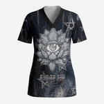 Khonsu Scrub Top Ancient Egyptian Dark Feather Pattern, Moonlit Raven Symbol, and Eye Lotus - African Pride