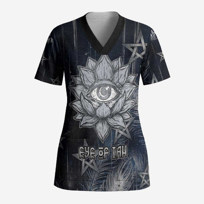 Khonsu Scrub Top Ancient Egyptian Dark Feather Pattern, Moonlit Raven Symbol, and Eye Lotus - African Pride