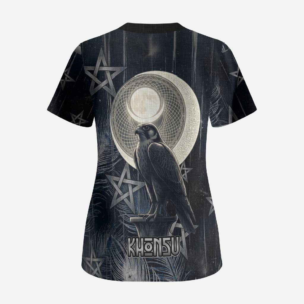 Khonsu Scrub Top Ancient Egyptian Dark Feather Pattern, Moonlit Raven Symbol, and Eye Lotus - African Pride