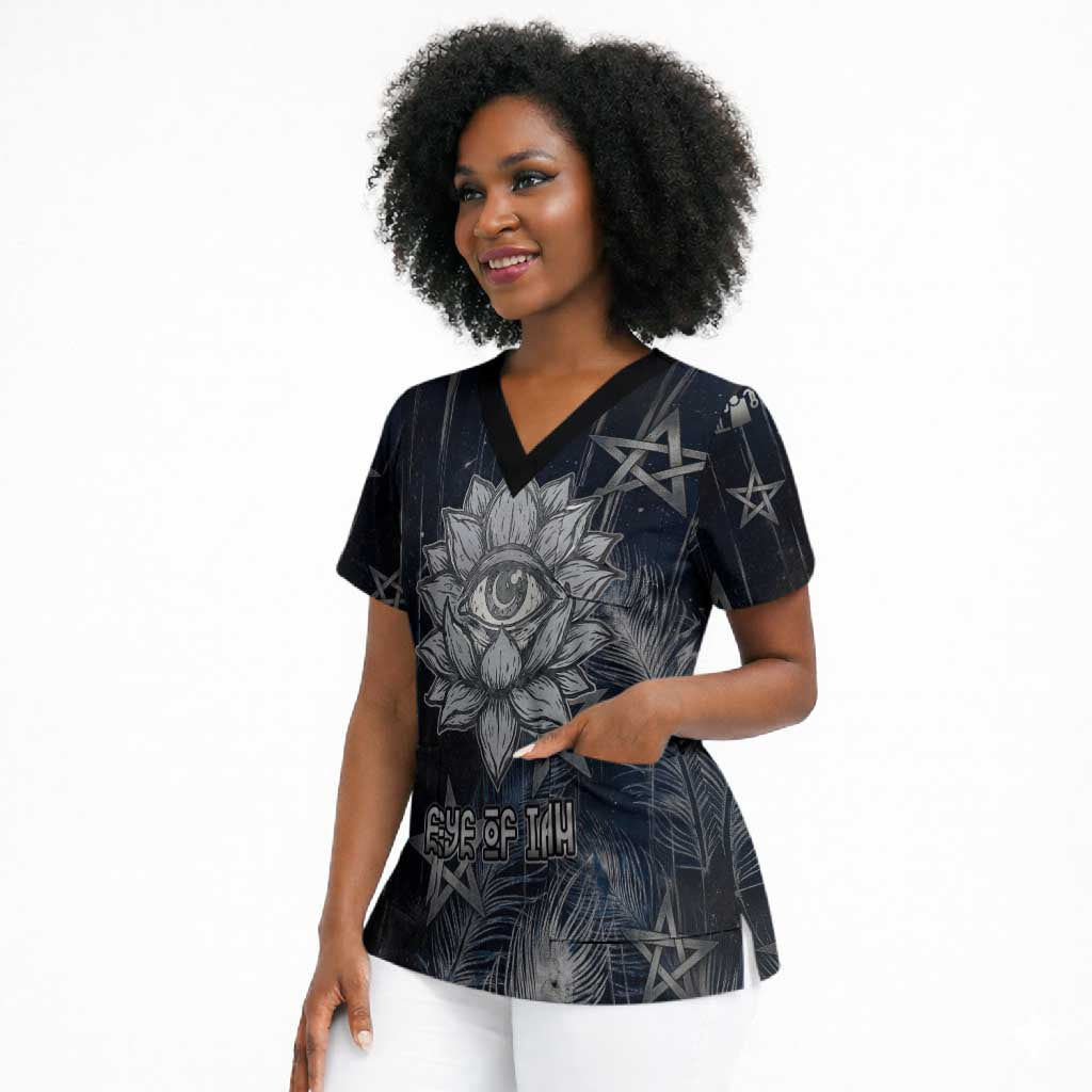 Khonsu Scrub Top Ancient Egyptian Dark Feather Pattern, Moonlit Raven Symbol, and Eye Lotus - African Pride
