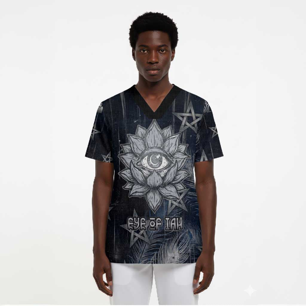 Khonsu Scrub Top Ancient Egyptian Dark Feather Pattern, Moonlit Raven Symbol, and Eye Lotus - African Pride