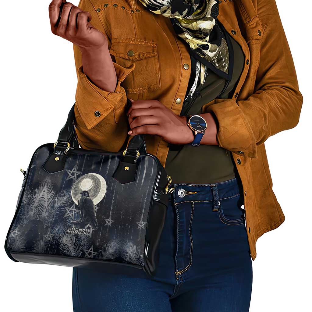 Khonsu Shoulder Handbag Ancient Egyptian Dark Feather Pattern, Moonlit Raven Symbol, and Eye Lotus - African Pride