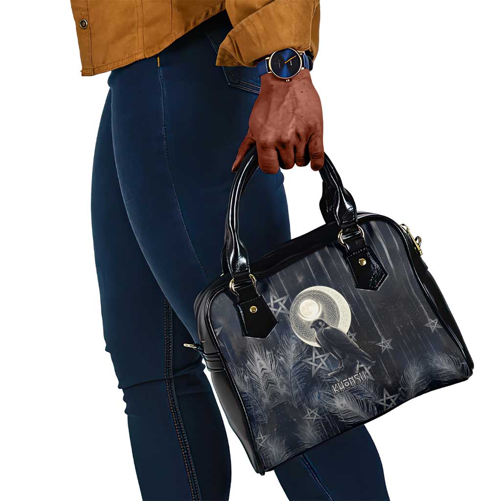 Khonsu Shoulder Handbag Ancient Egyptian Dark Feather Pattern, Moonlit Raven Symbol, and Eye Lotus - African Pride