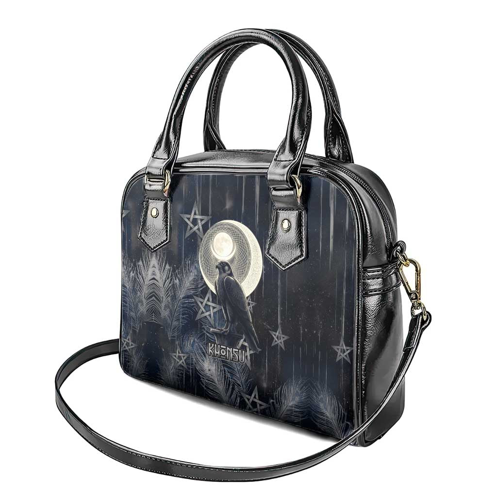 Khonsu Shoulder Handbag Ancient Egyptian Dark Feather Pattern, Moonlit Raven Symbol, and Eye Lotus - African Pride
