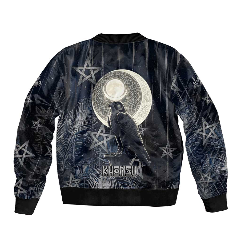 Khonsu Sleeve Zip Bomber Jacket Ancient Egyptian Dark Feather Pattern, Moonlit Raven Symbol, and Eye Lotus - African Pride