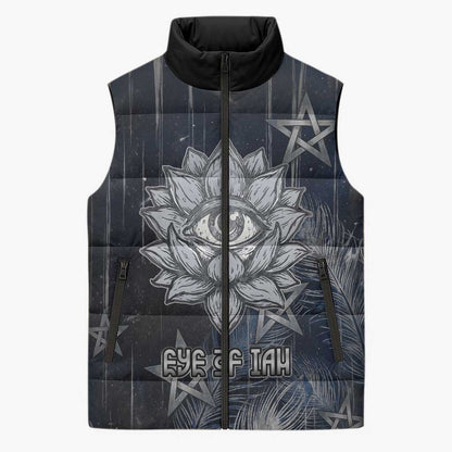 Khonsu Sleeveless Puffer Jacket Ancient Egyptian Dark Feather Pattern, Moonlit Raven Symbol, and Eye Lotus - African Pride