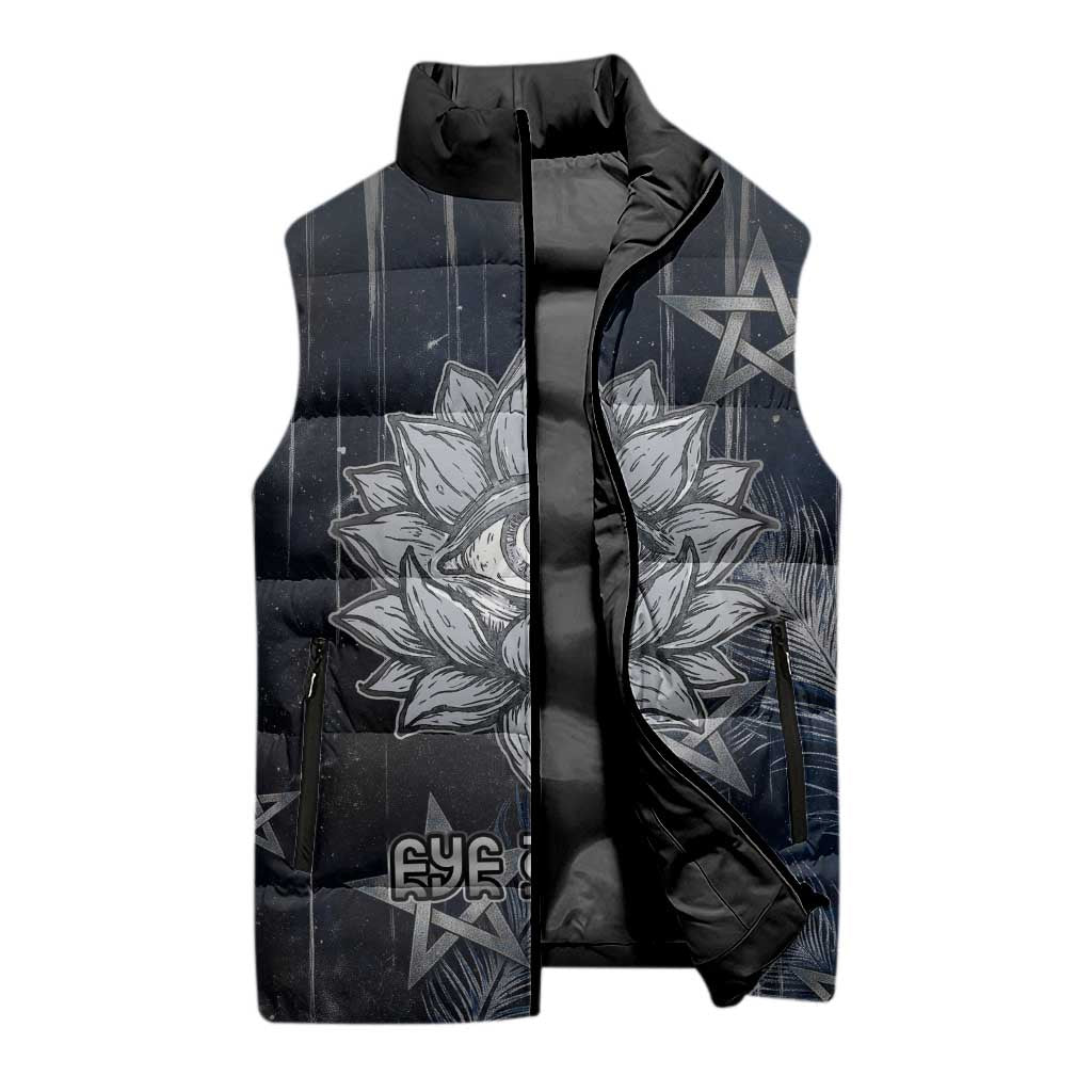 Khonsu Sleeveless Puffer Jacket Ancient Egyptian Dark Feather Pattern, Moonlit Raven Symbol, and Eye Lotus - African Pride