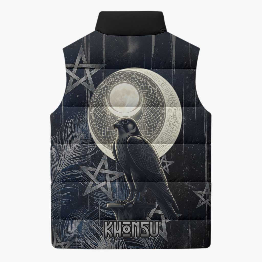 Khonsu Sleeveless Puffer Jacket Ancient Egyptian Dark Feather Pattern, Moonlit Raven Symbol, and Eye Lotus - African Pride