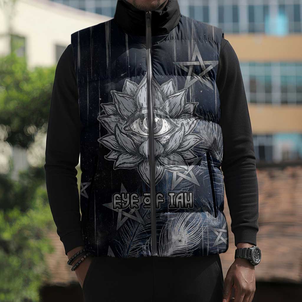 Khonsu Sleeveless Puffer Jacket Ancient Egyptian Dark Feather Pattern, Moonlit Raven Symbol, and Eye Lotus - African Pride