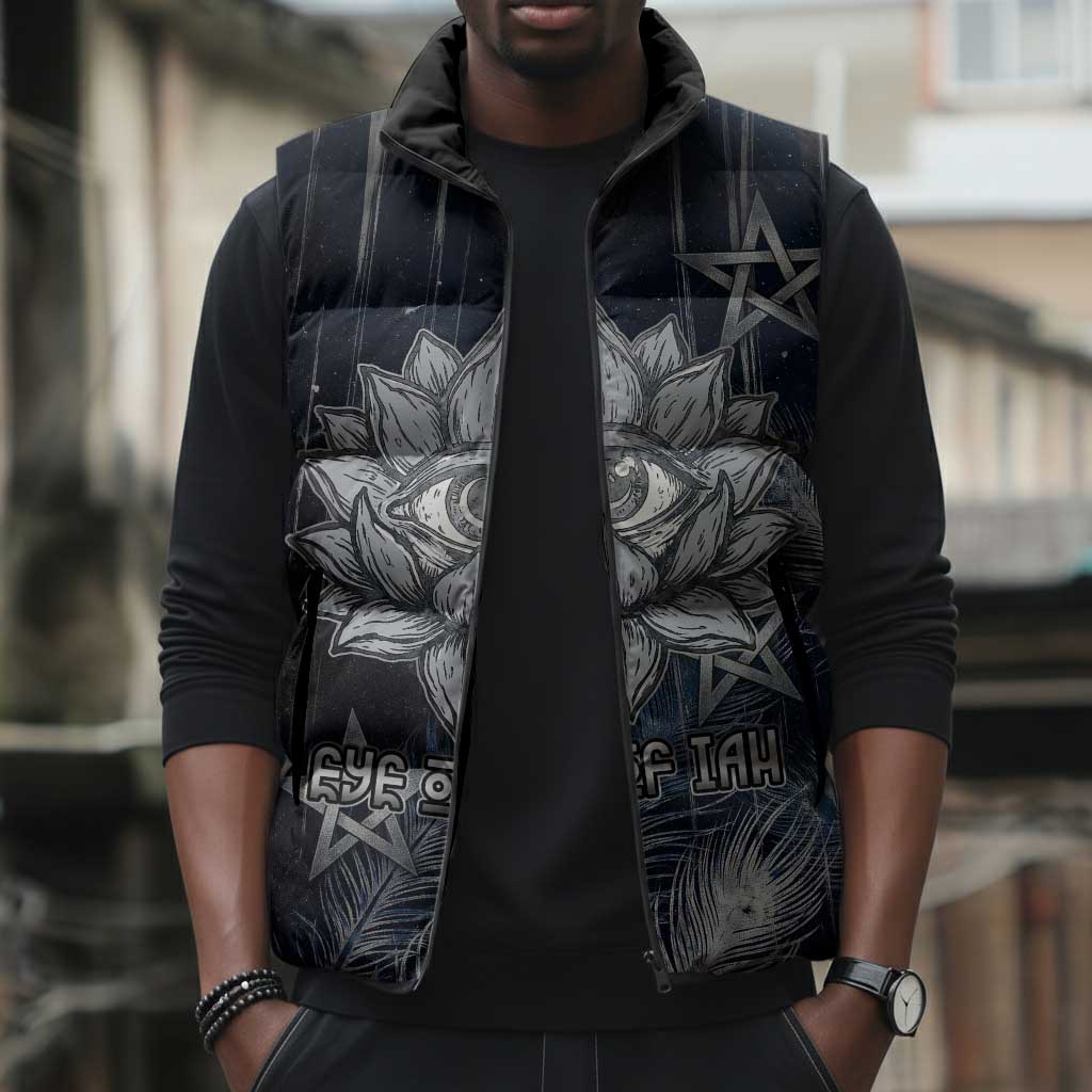 Khonsu Sleeveless Puffer Jacket Ancient Egyptian Dark Feather Pattern, Moonlit Raven Symbol, and Eye Lotus - African Pride