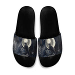 Khonsu Slide Sandals Ancient Egyptian Dark Feather Pattern, Moonlit Raven Symbol, and Eye Lotus - African Pride