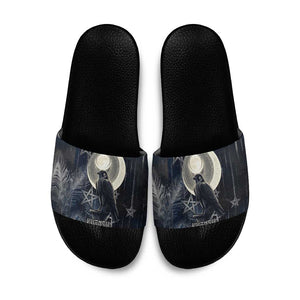 Khonsu Slide Sandals Ancient Egyptian Dark Feather Pattern, Moonlit Raven Symbol, and Eye Lotus - African Pride