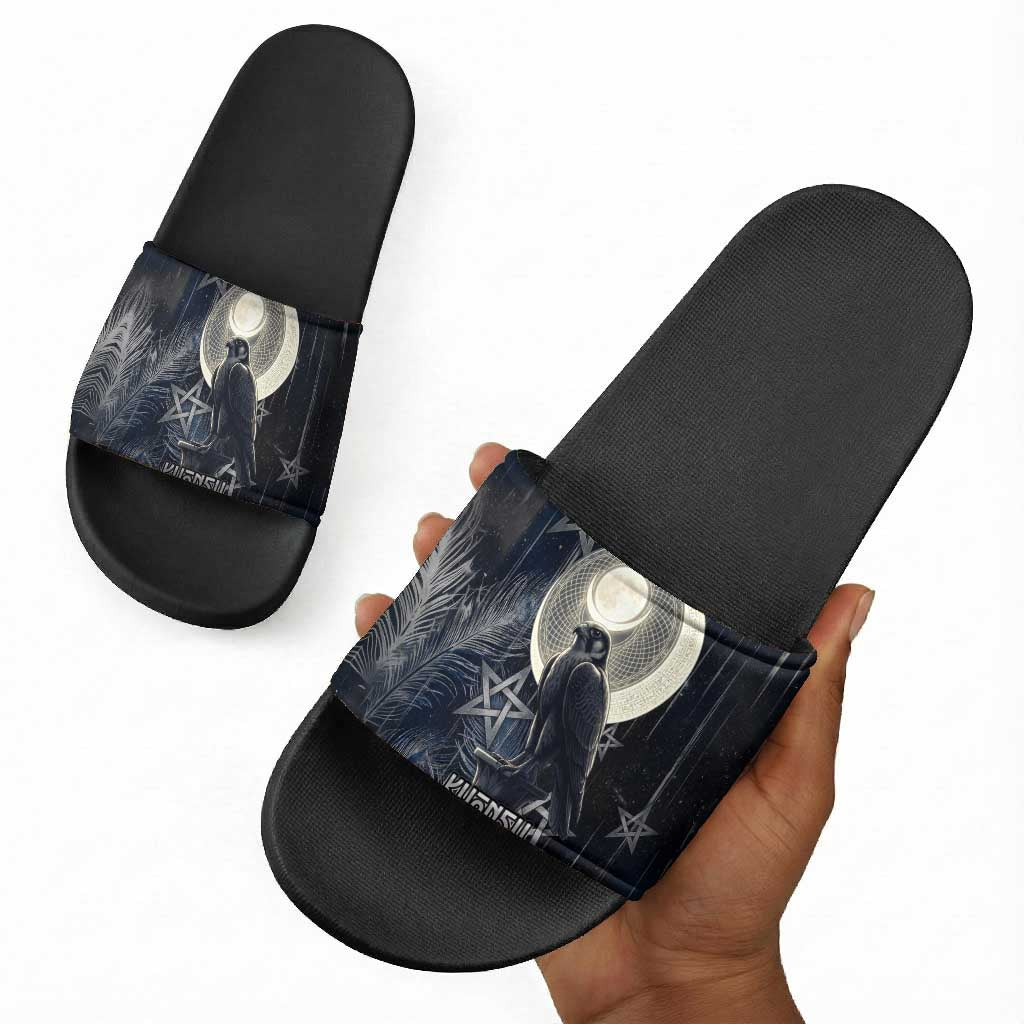 Khonsu Slide Sandals Ancient Egyptian Dark Feather Pattern, Moonlit Raven Symbol, and Eye Lotus - African Pride