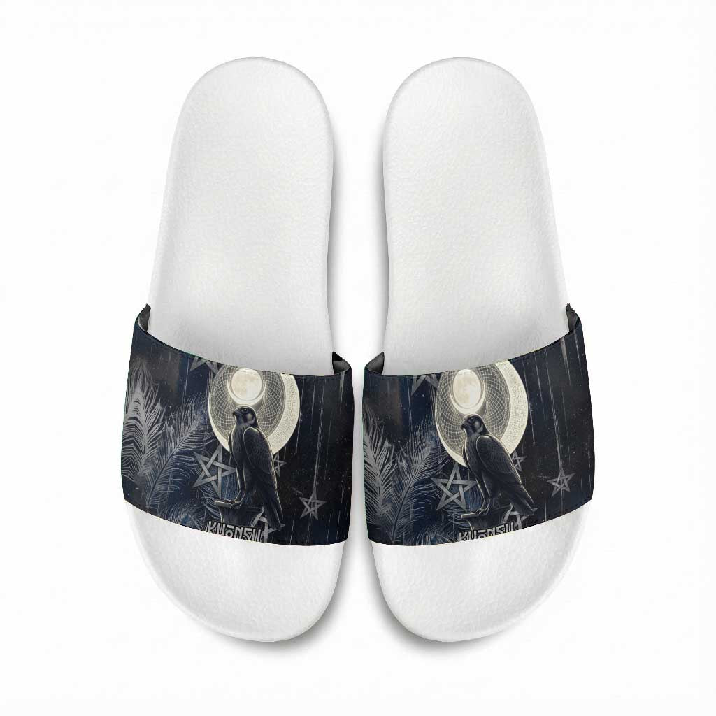 Khonsu Slide Sandals Ancient Egyptian Dark Feather Pattern, Moonlit Raven Symbol, and Eye Lotus - African Pride