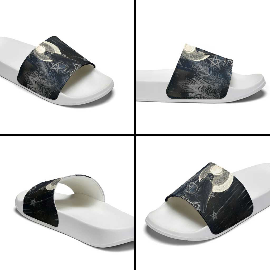 Khonsu Slide Sandals Ancient Egyptian Dark Feather Pattern, Moonlit Raven Symbol, and Eye Lotus - African Pride