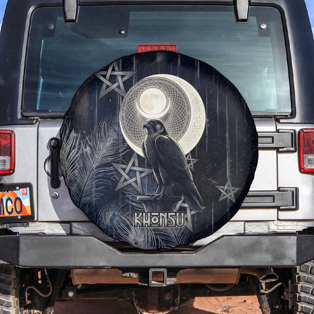 Khonsu Spare Tire Cover Ancient Egyptian Dark Feather Pattern, Moonlit Raven Symbol, and Eye Lotus - African Pride