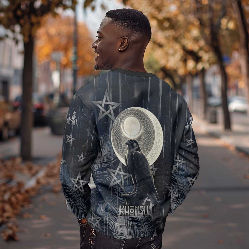 Khonsu Sweatshirt Ancient Egyptian Dark Feather Pattern, Moonlit Raven Symbol, and Eye Lotus - African Pride