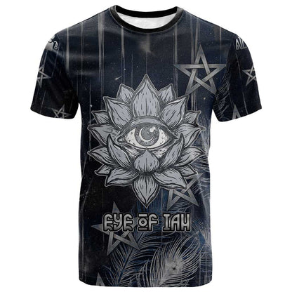 Khonsu T shirt Ancient Egyptian Dark Feather Pattern, Moonlit Raven Symbol, and Eye Lotus - African Pride